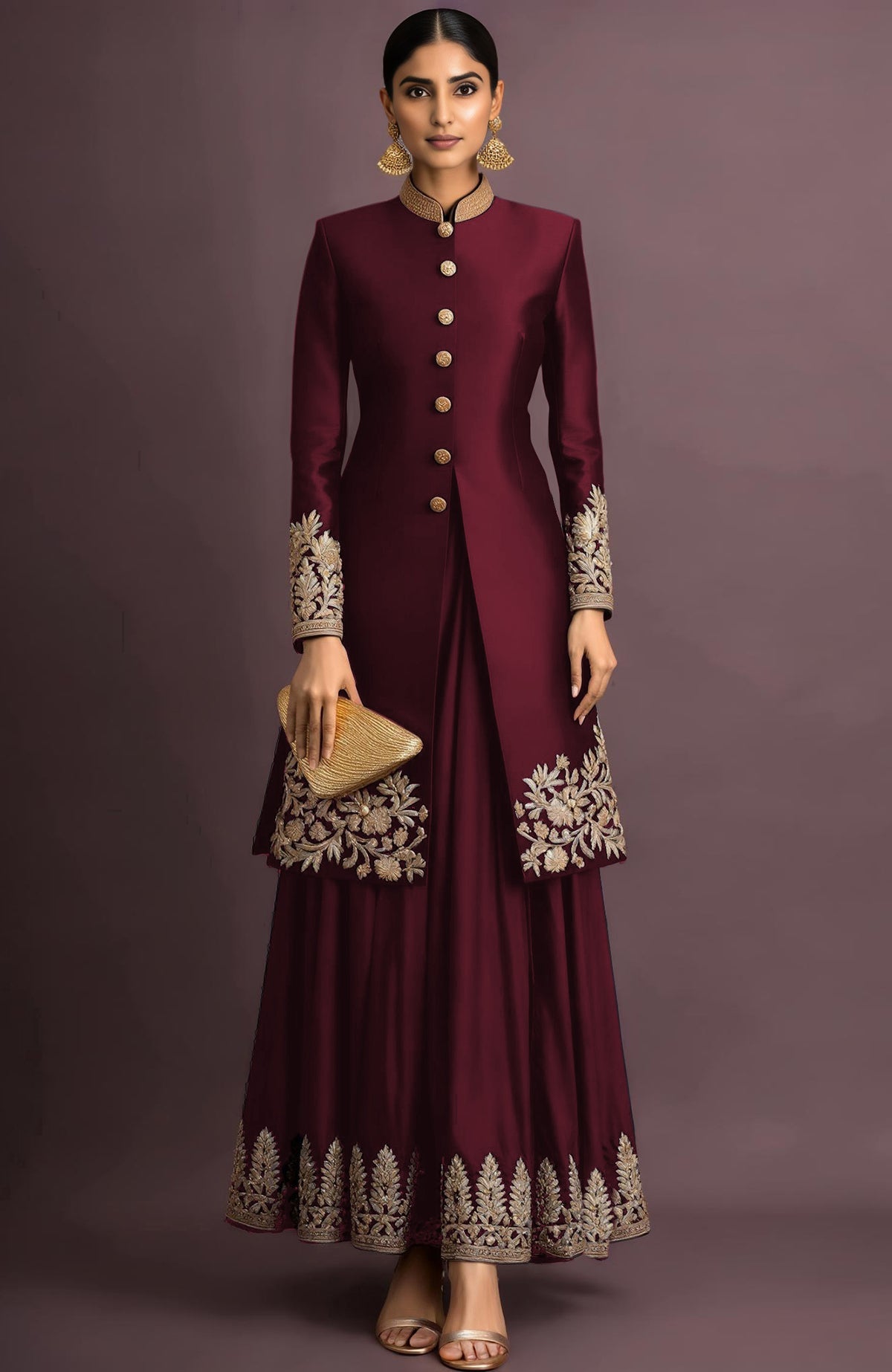 A woman models a maroon embroidered jacket set with a matching skirt and gold clutch.