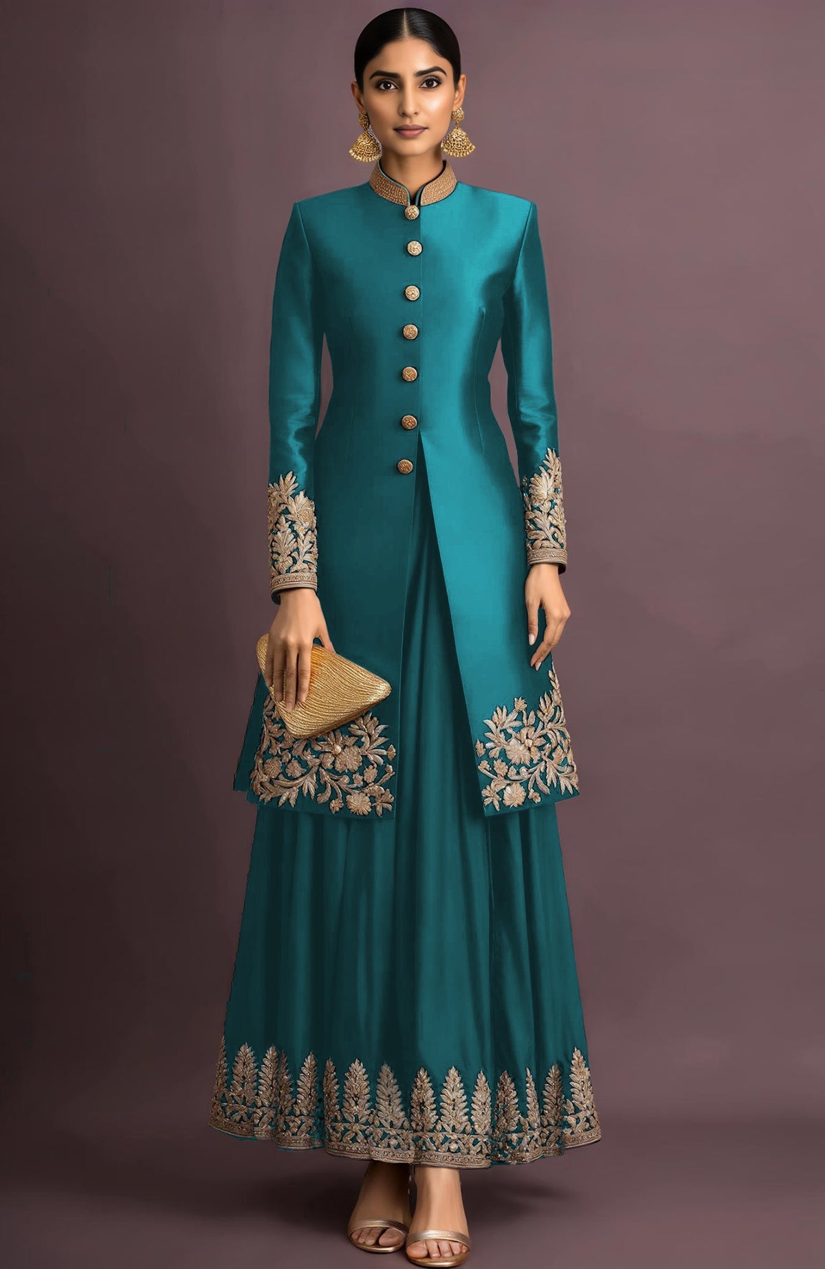 A woman models a teal embroidered jacket set with a matching skirt and gold clutch.