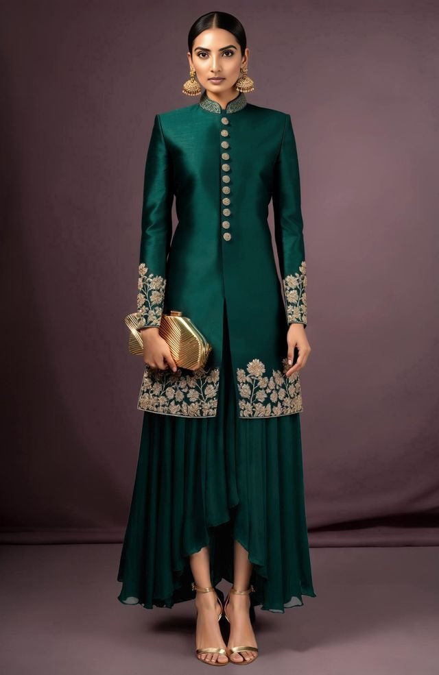 Emerald green silk sherwani jacket with gold embroidery and matching high-low skirt set