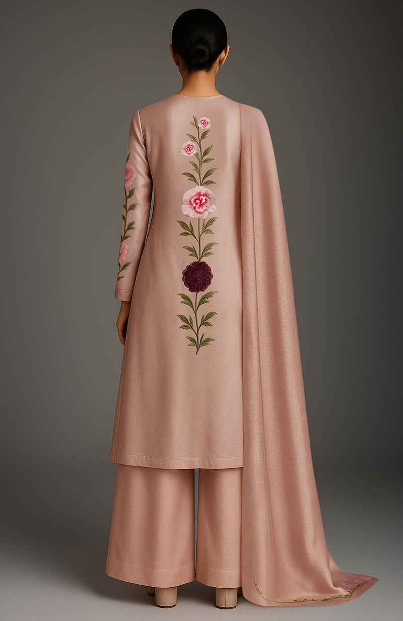 Blush pink kurta set with floral embroidery, palazzo pants, and matching dupatta.