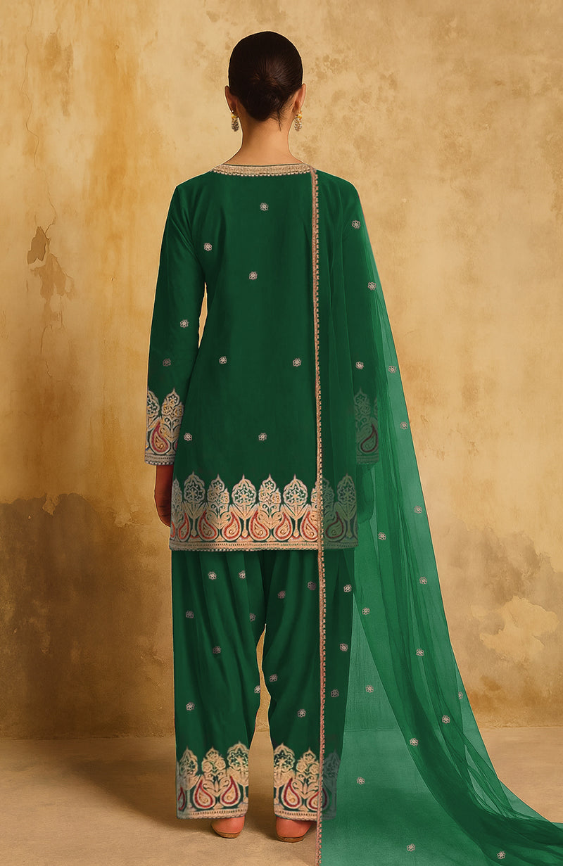 Emerald green Kashmiri tilla farshi set with gold and blue embroidery, V-neck kurta, and sheer dupatta.