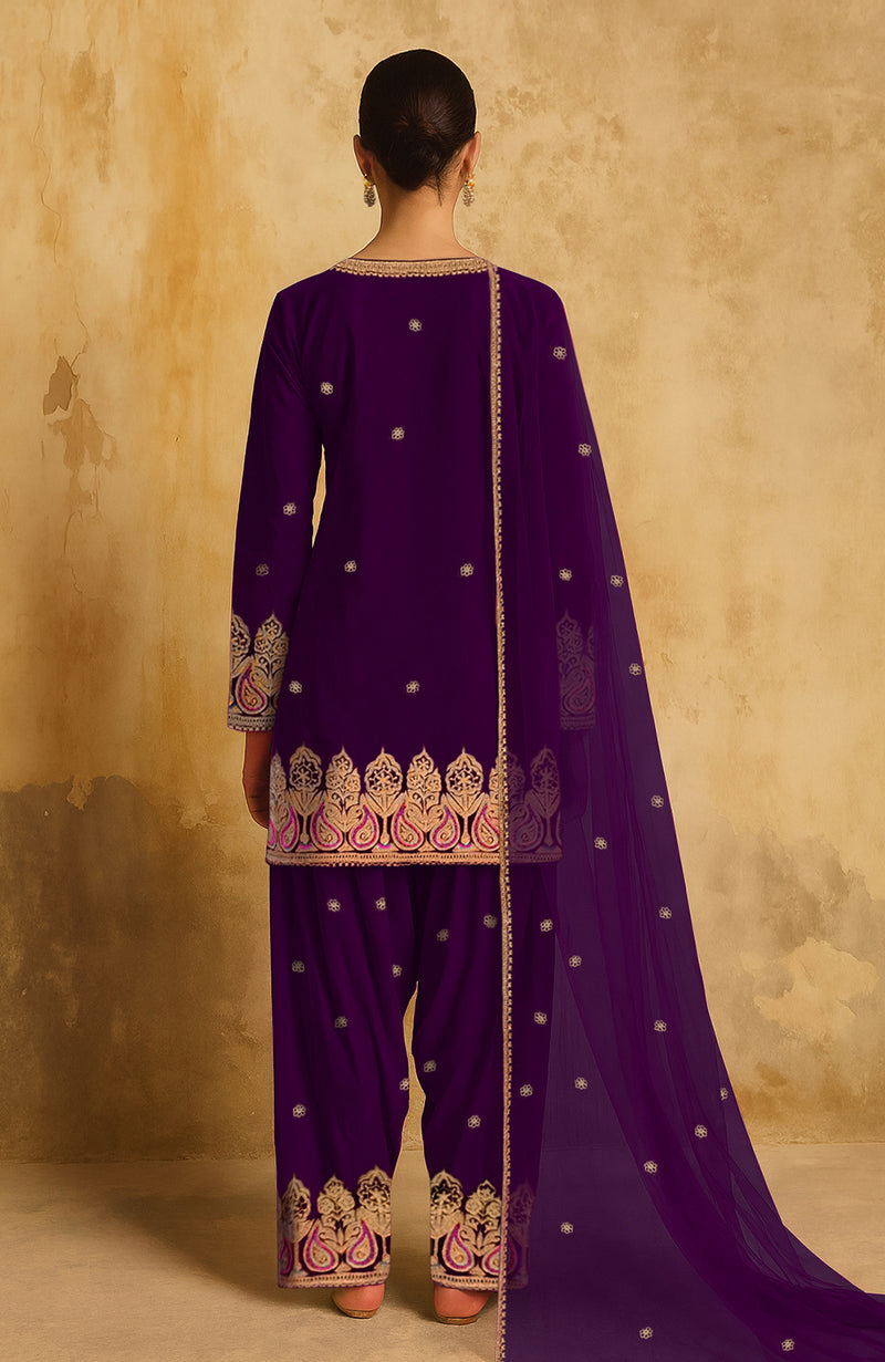 Deep plum Kashmiri tilla embroidered farshi set with gold and blue motifs and sheer dupatta