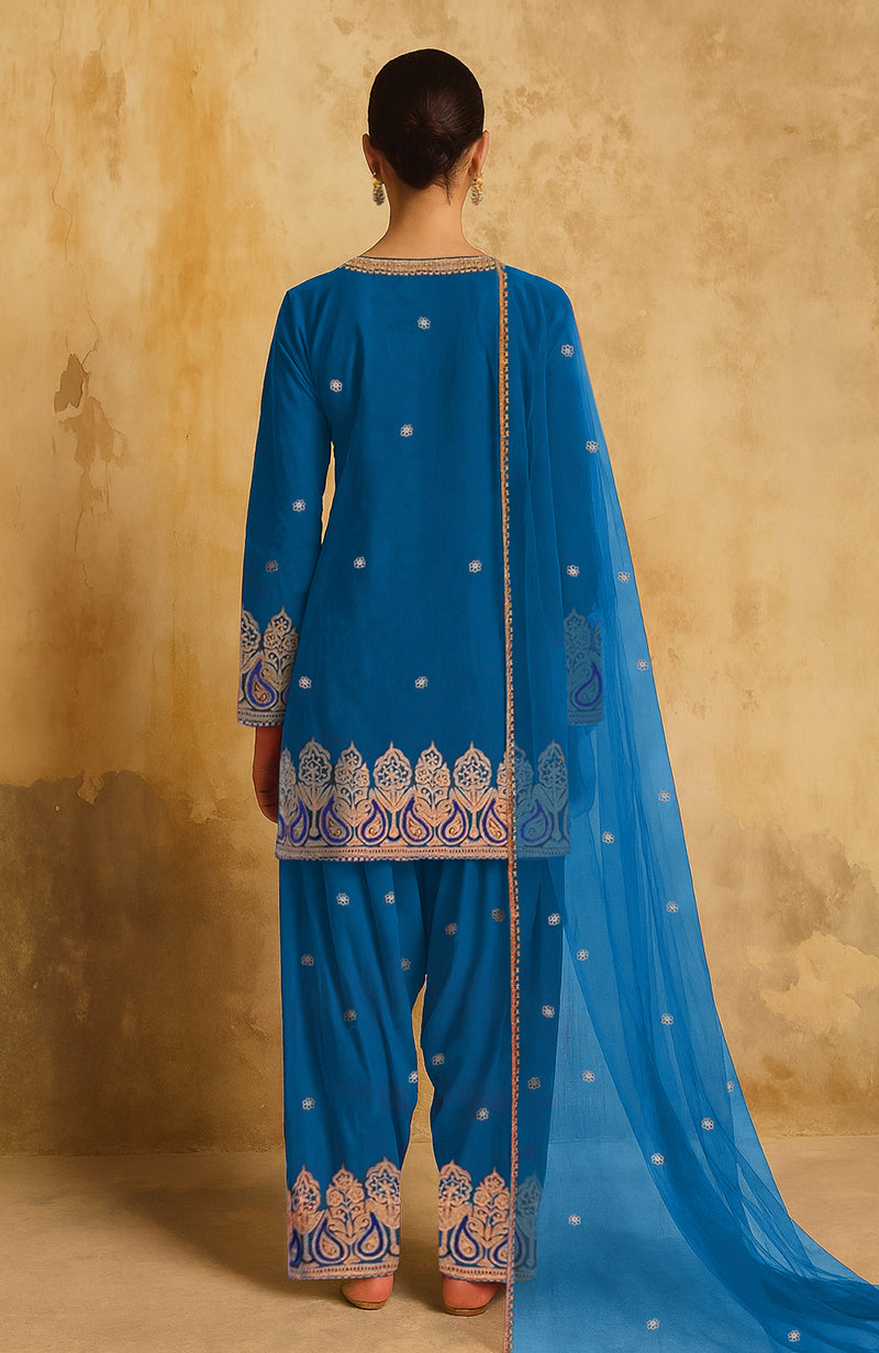Teal blue Kashmiri farshi set with gold and blue tilla embroidery and sheer dupatta.
