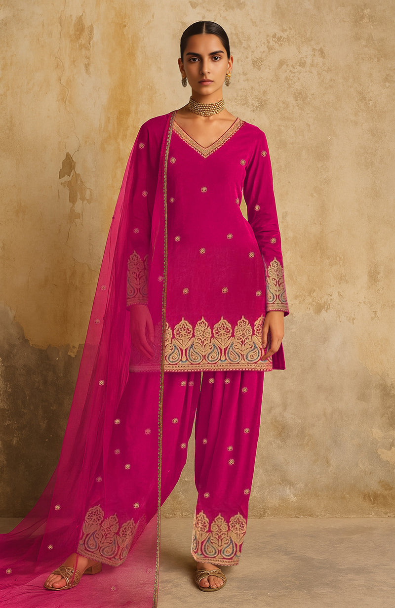 Deep plum Kashmiri tilla embroidered farshi set with gold and blue motifs and sheer dupatta.