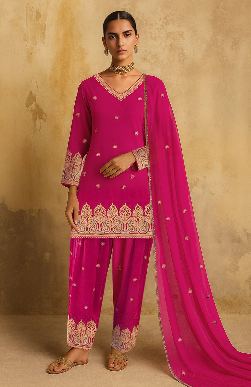 Gulbahaar rani pink farshi set with gold and blue Kashmiri tilla embroidery and sheer dupatta