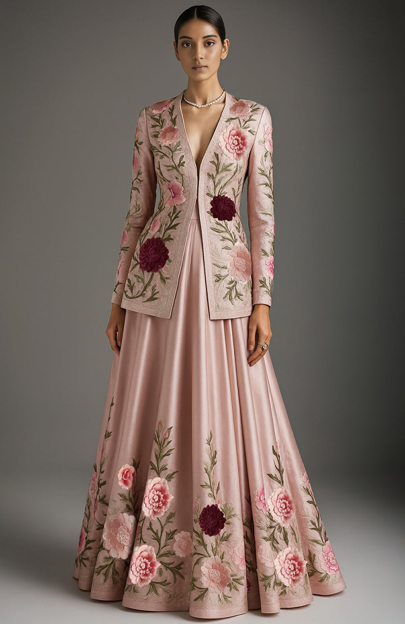 Blush pink floral embroidered skirt set with tailored jacket and flared skirt in dusty rose tones