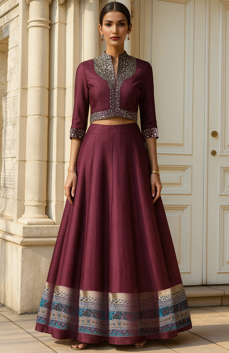 Wine-colored lehenga set with silver embellishments, cropped blouse, and printed flared skirt hem.