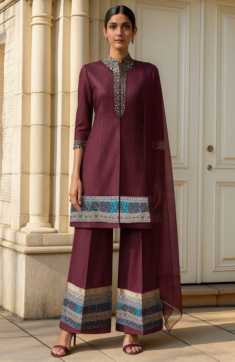 Deep wine ethnic jacket set with silver embellishments, wide-leg pants, and sheer dupatta