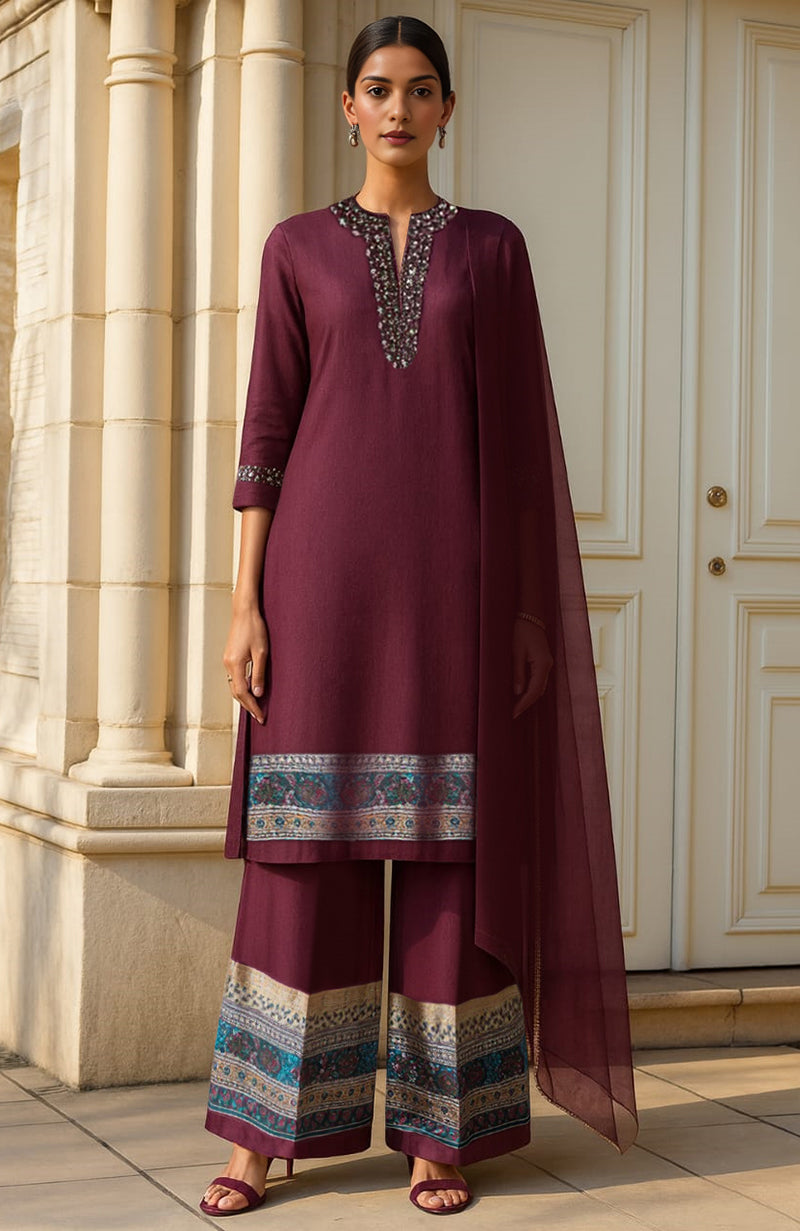Deep wine kurta set with silver mirror embellishments, teal printed borders, and sheer dupatta.