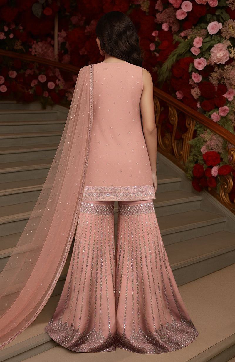 Blush pink embroidered gharara set with sleeveless kurta, geometric patterns, and sheer dupatta.
