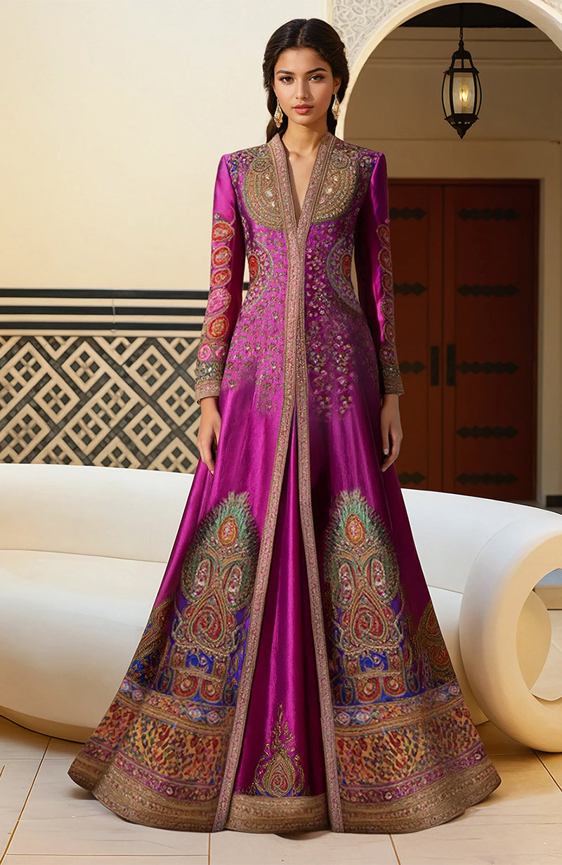 Regal fuchsia jacket and floor-length skirt set with intricate zardozi and resham embroidery.