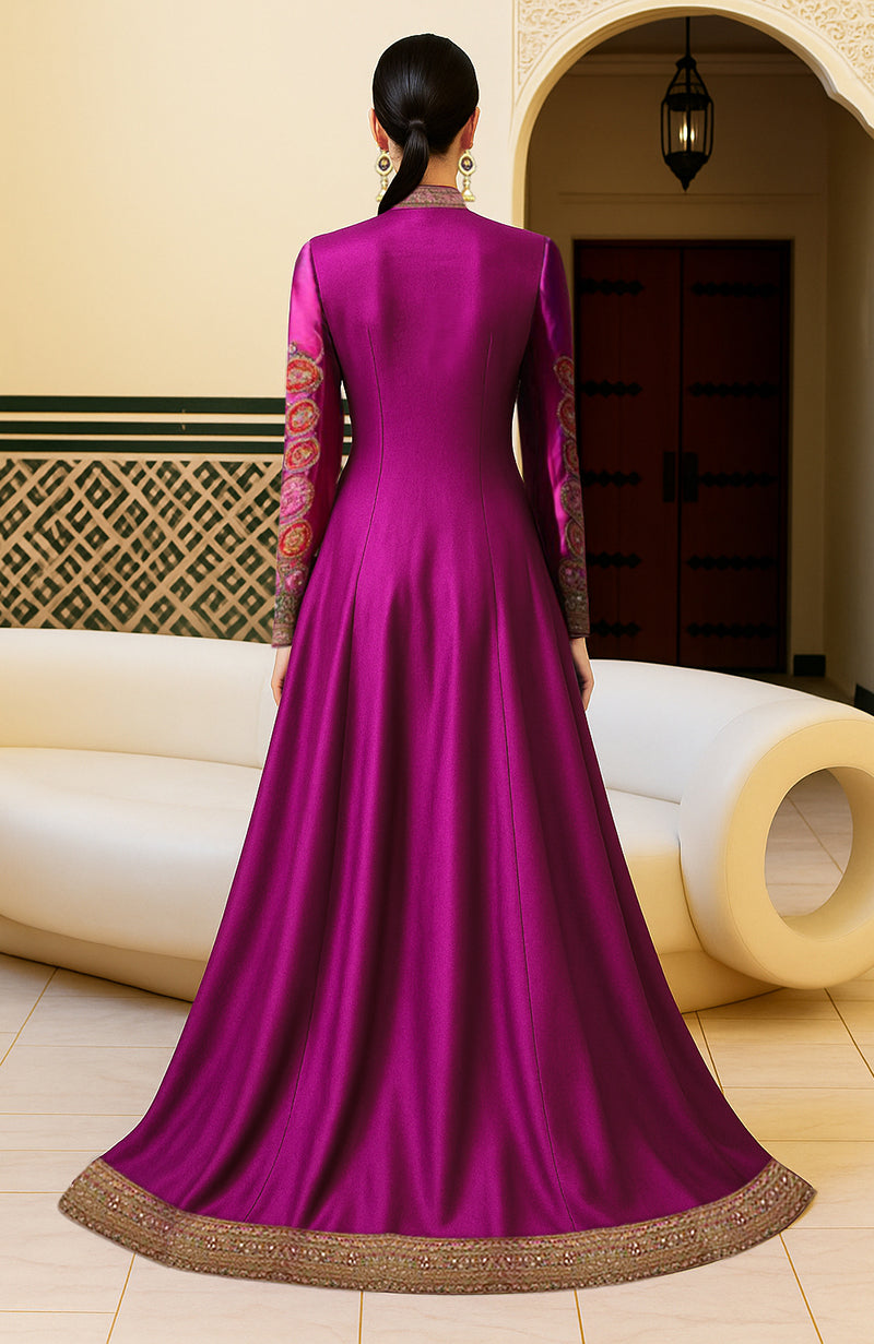 Regal fuchsia jacket and skirt set with intricate zardozi and resham embroidery in peacock motifs