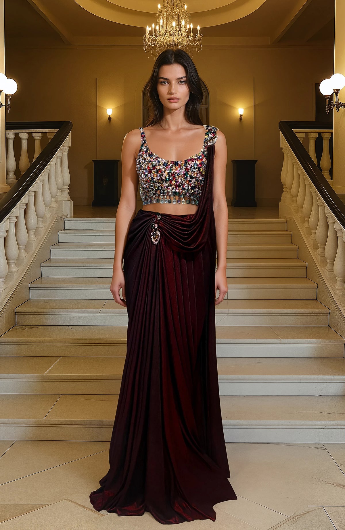 Structured multicolored crystal-embroidered blouse with one-shoulder strap and deep maroon draped saree