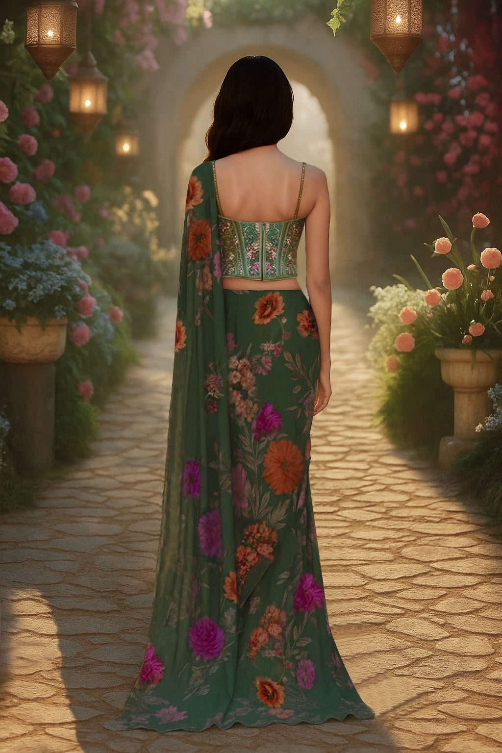 Green floral corset blouse paired with a deep green saree featuring multicolored floral patterns.