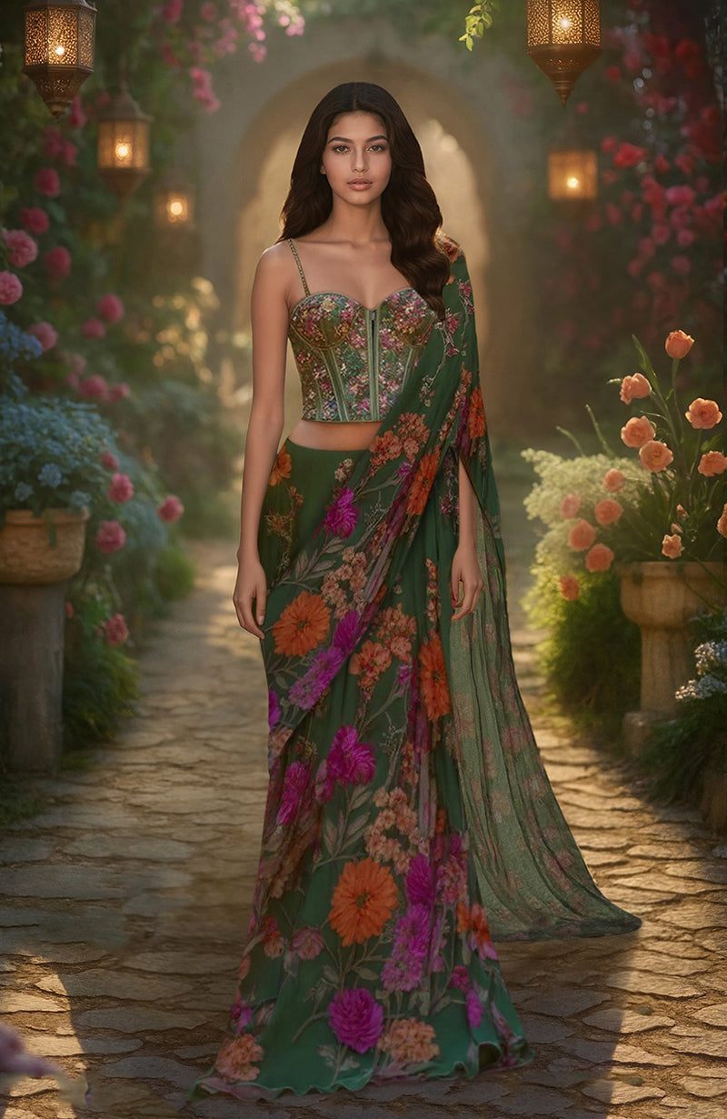 Green floral saree set with corset blouse featuring multicolored flower patterns and boned waist design