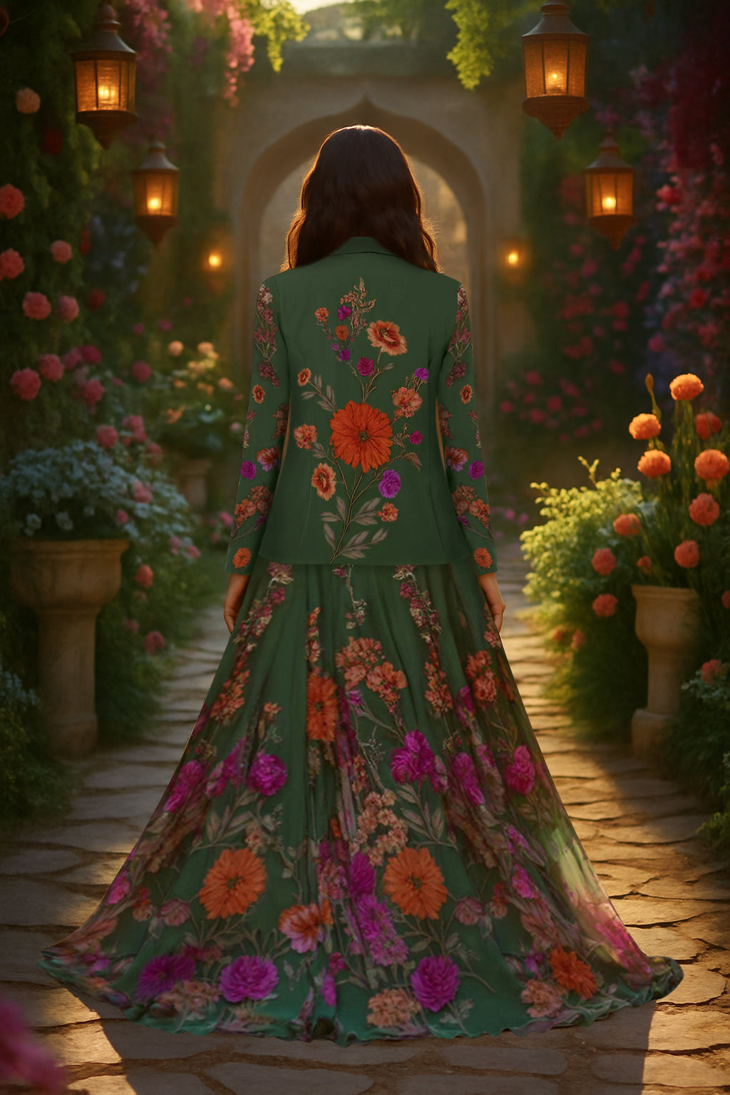 Green floral corset lehenga set with structured bodice, multicolored flowers, and matching jacket.