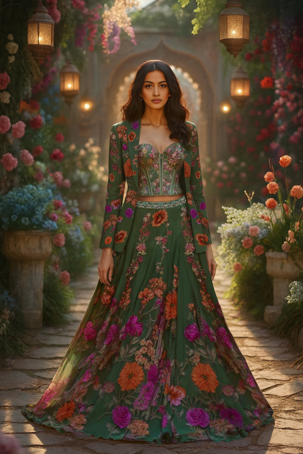 Green floral corset lehenga set with structured bodice, floral prints, and a tailored jacket.