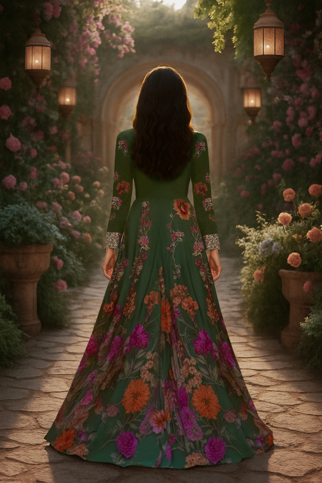 Deep green gown with fitted bodice and vibrant pink and orange floral patterns.