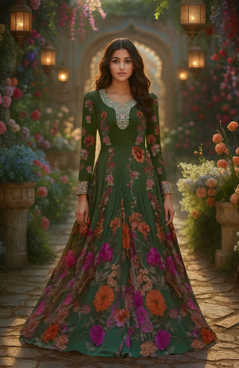 Deep green floral gown with fitted embellished bodice and flowing full-length skirt