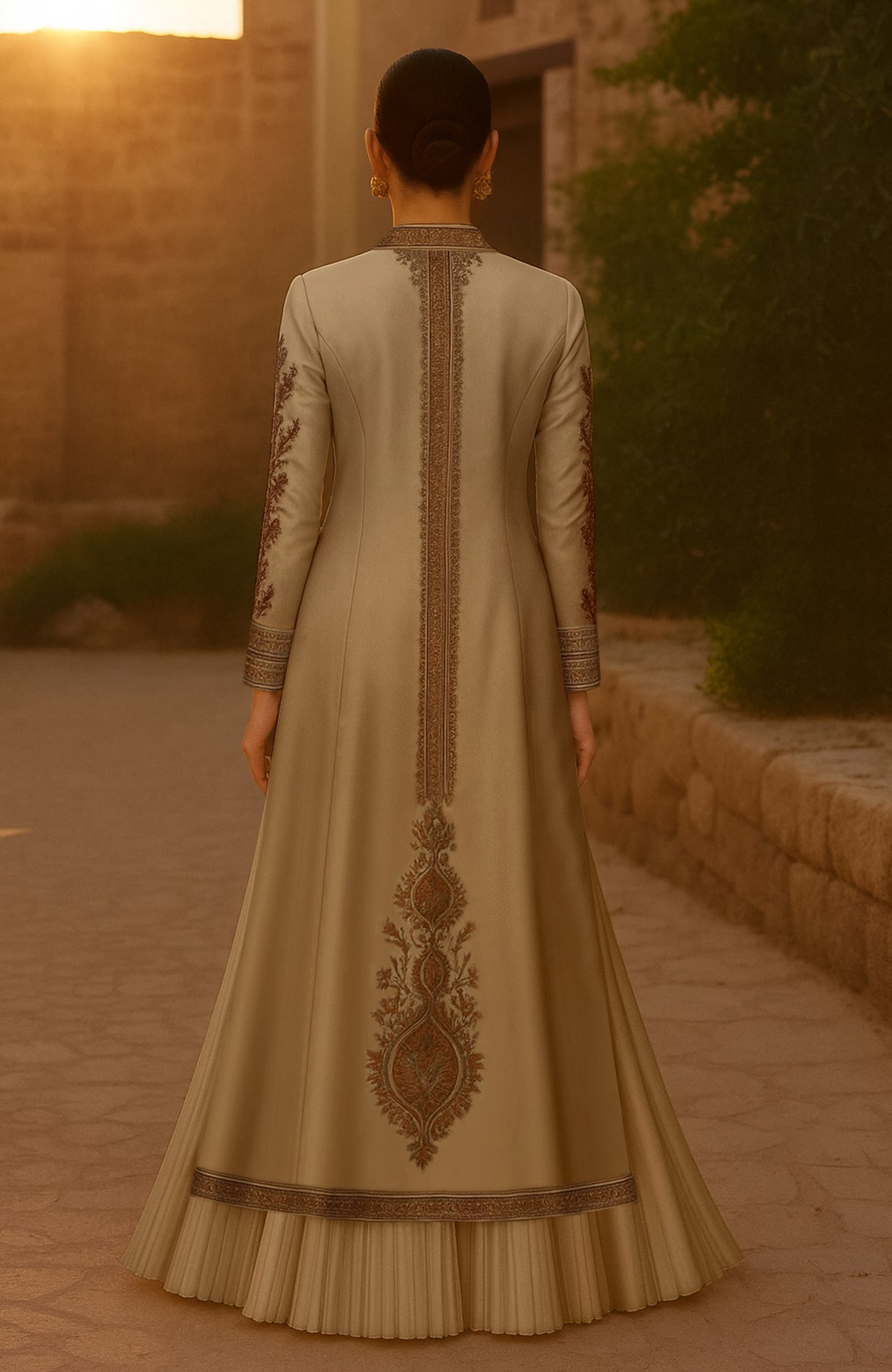 Golden Kashidakari Jamawar jacket and skirt set with intricate embroidery and full sleeves