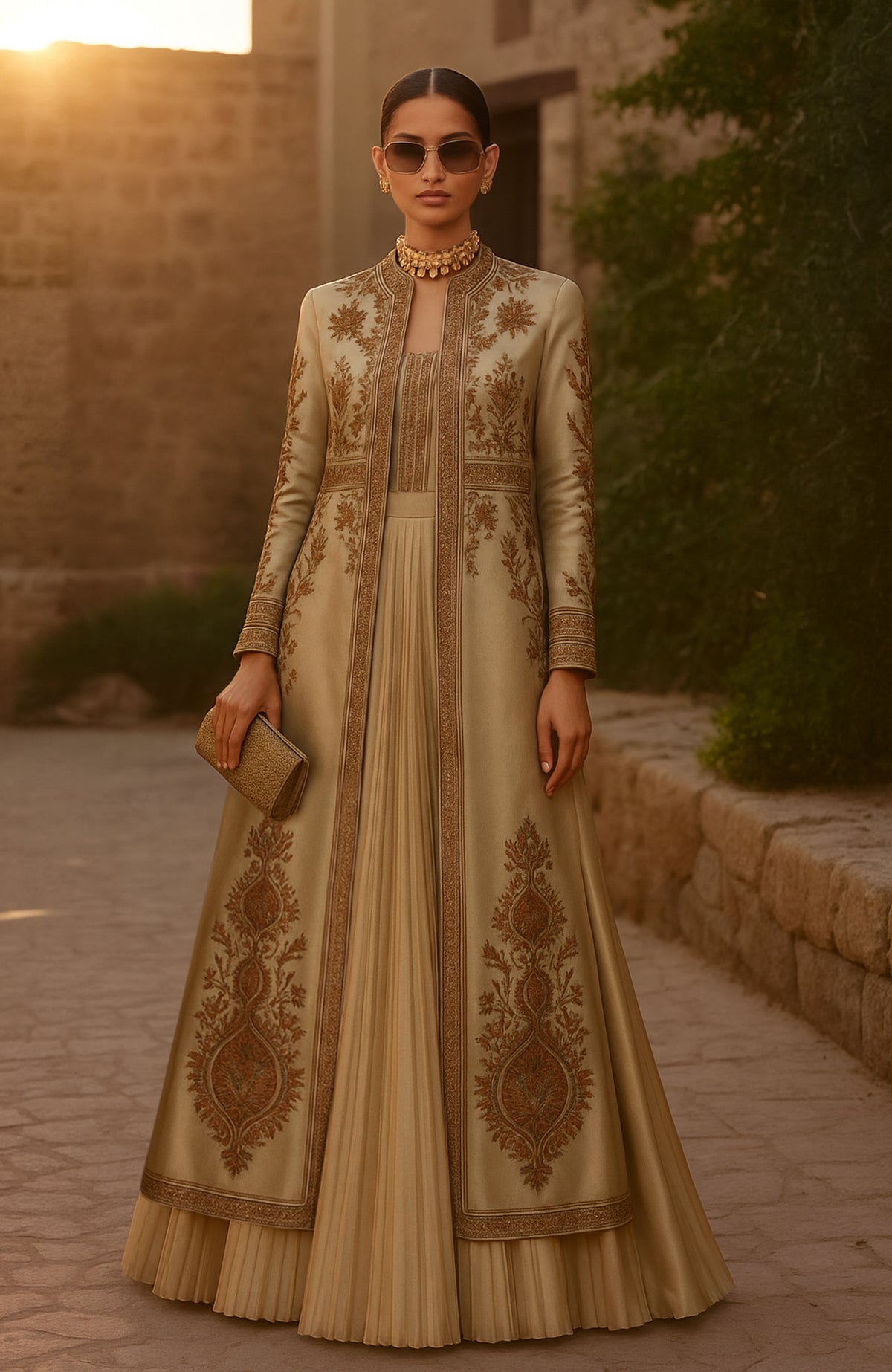 Golden Kashidakari Jamawar embroidered jacket and skirt set with intricate symmetrical patterns