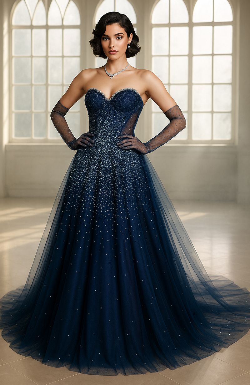Strapless navy blue gown with embroidered bodice and layered tulle skirt with crystal details
