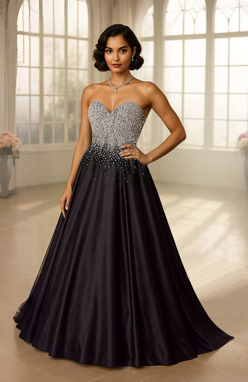 Black strapless gown with sweetheart neckline and crystal embroidery fading down satin A-line skirt