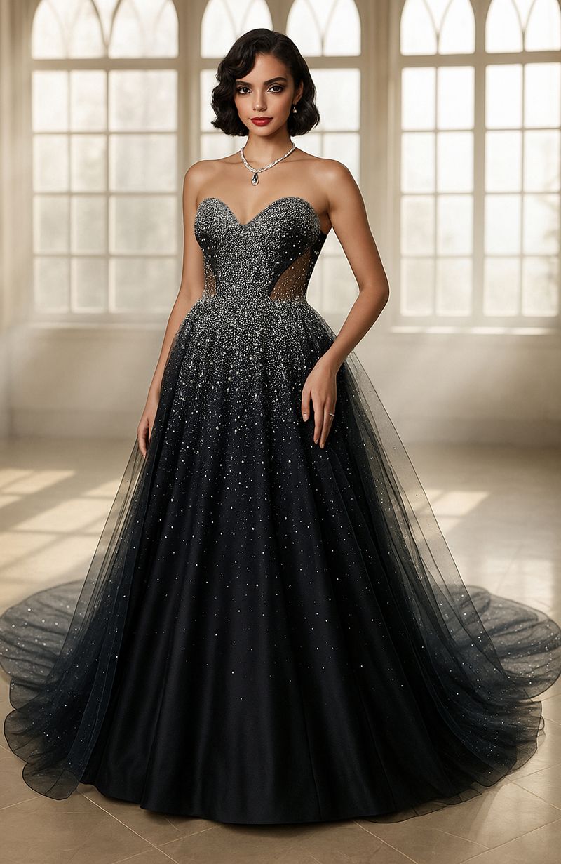 Black strapless gown with embroidered bodice and star-dusted tulle skirt with sheer side panels