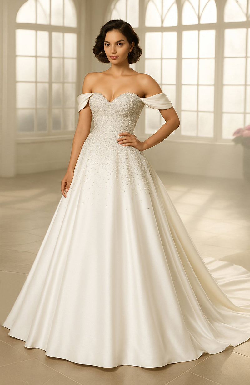 Ivory off-shoulder bridal gown with pearl and crystal embroidered bodice and satin A-line skirt.