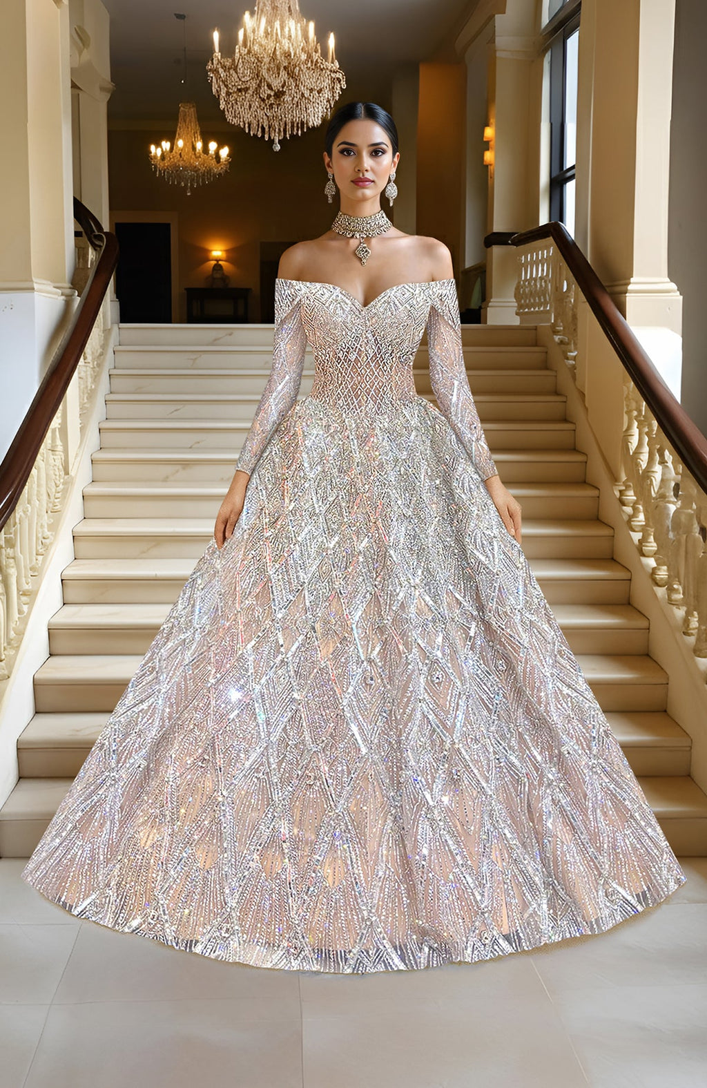 LAILA- Silver Champagne Hand Embroidered Princess Gown