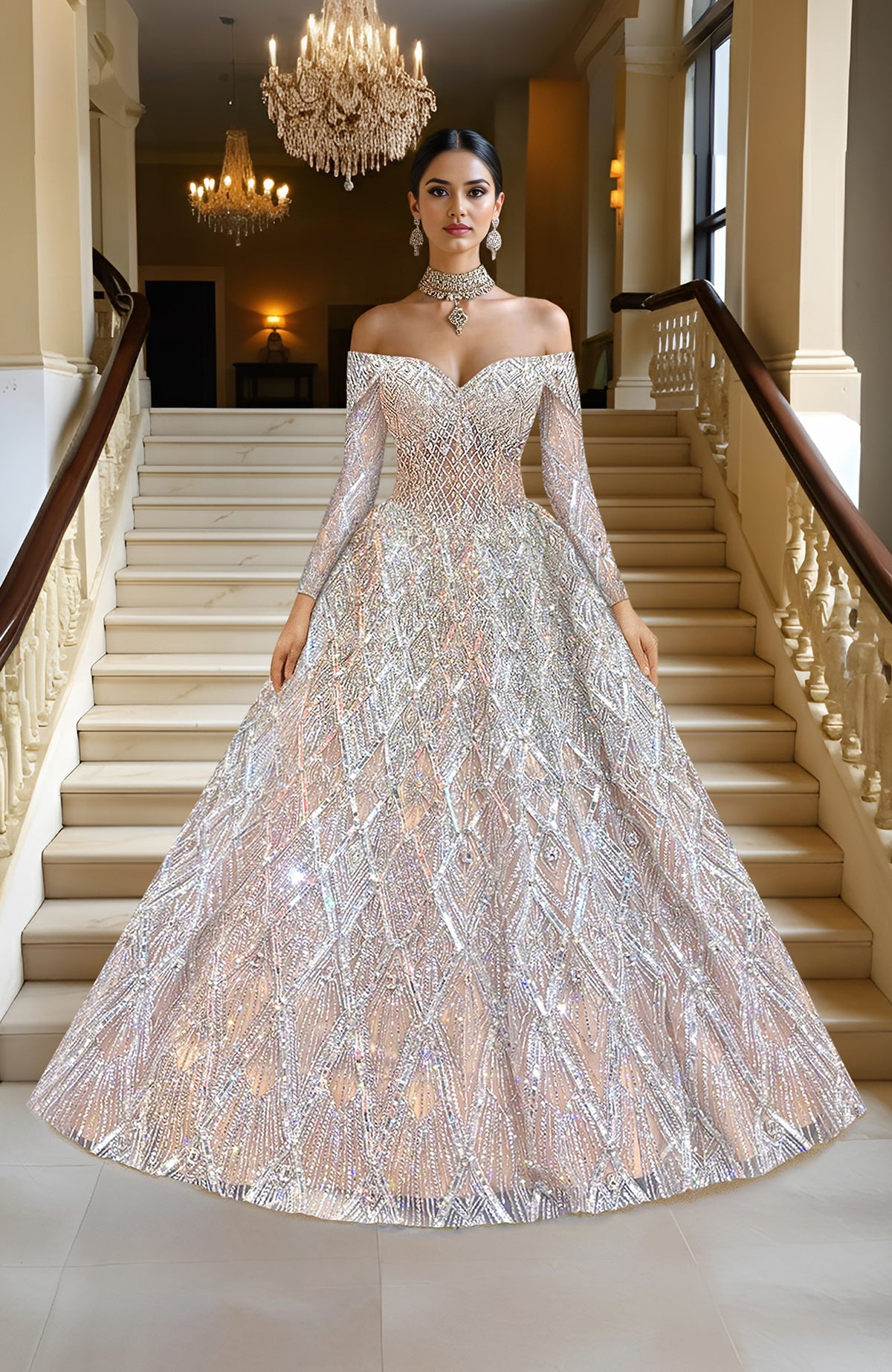 LAILA- Silver Champagne Hand Embroidered Princess Gown
