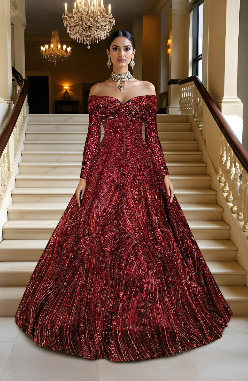 LAILA- Wine Hand Embroidered Princess Gown