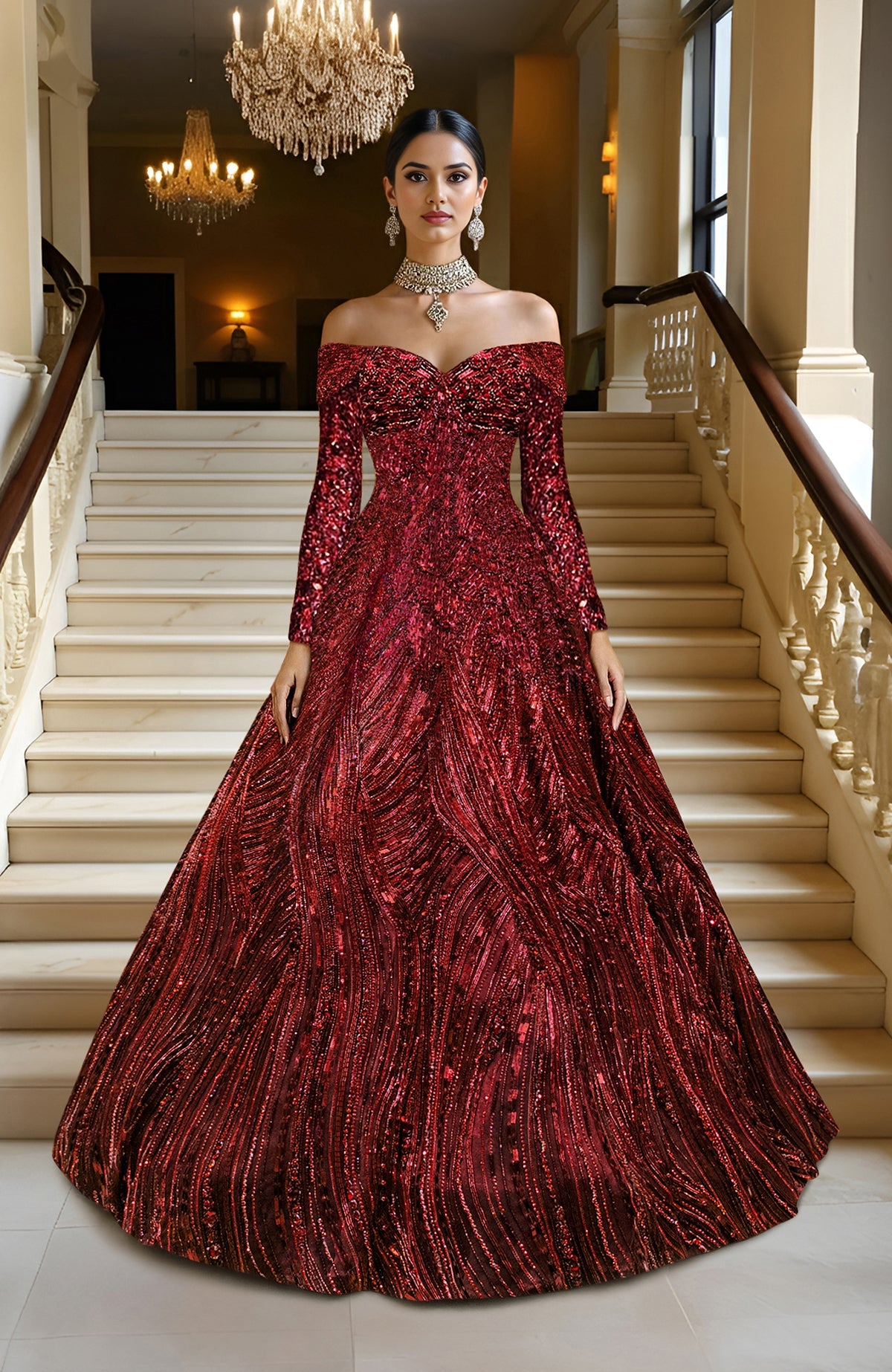LAILA- Wine Hand Embroidered Princess Gown