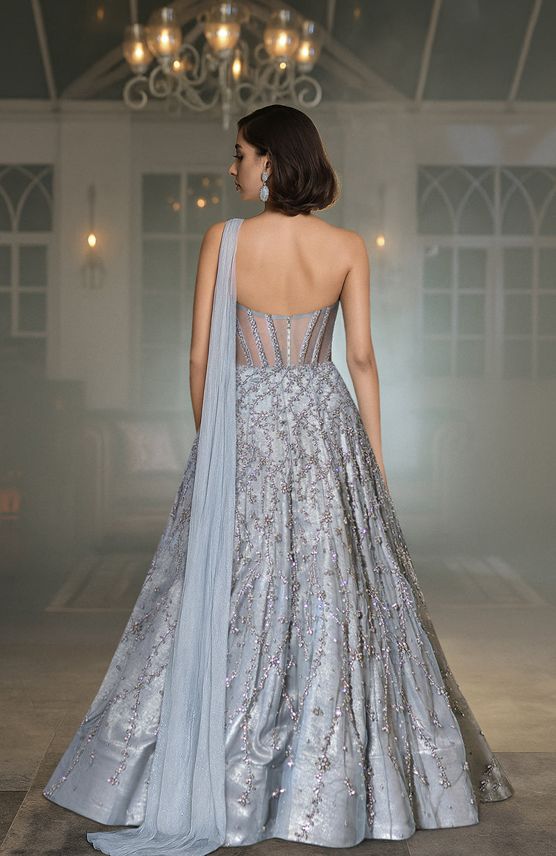 NAIRA-Silver Grey Crystal Hand Embroidered Corset Princess Gown