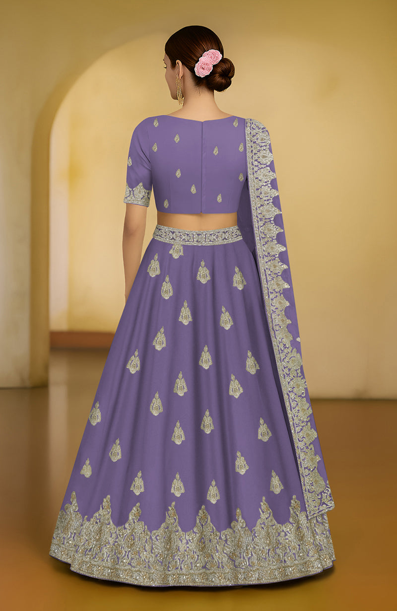 Amethyst orchid lehenga set with intricate tilla and zardozi embroidery, flared silhouette.