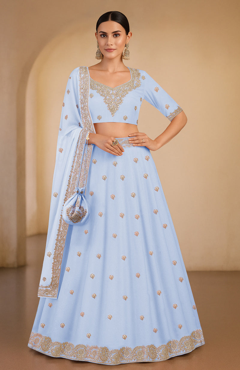 Illusion blue lehenga set with gota patti and zardozi embroidery, featuring a flared silhouette.