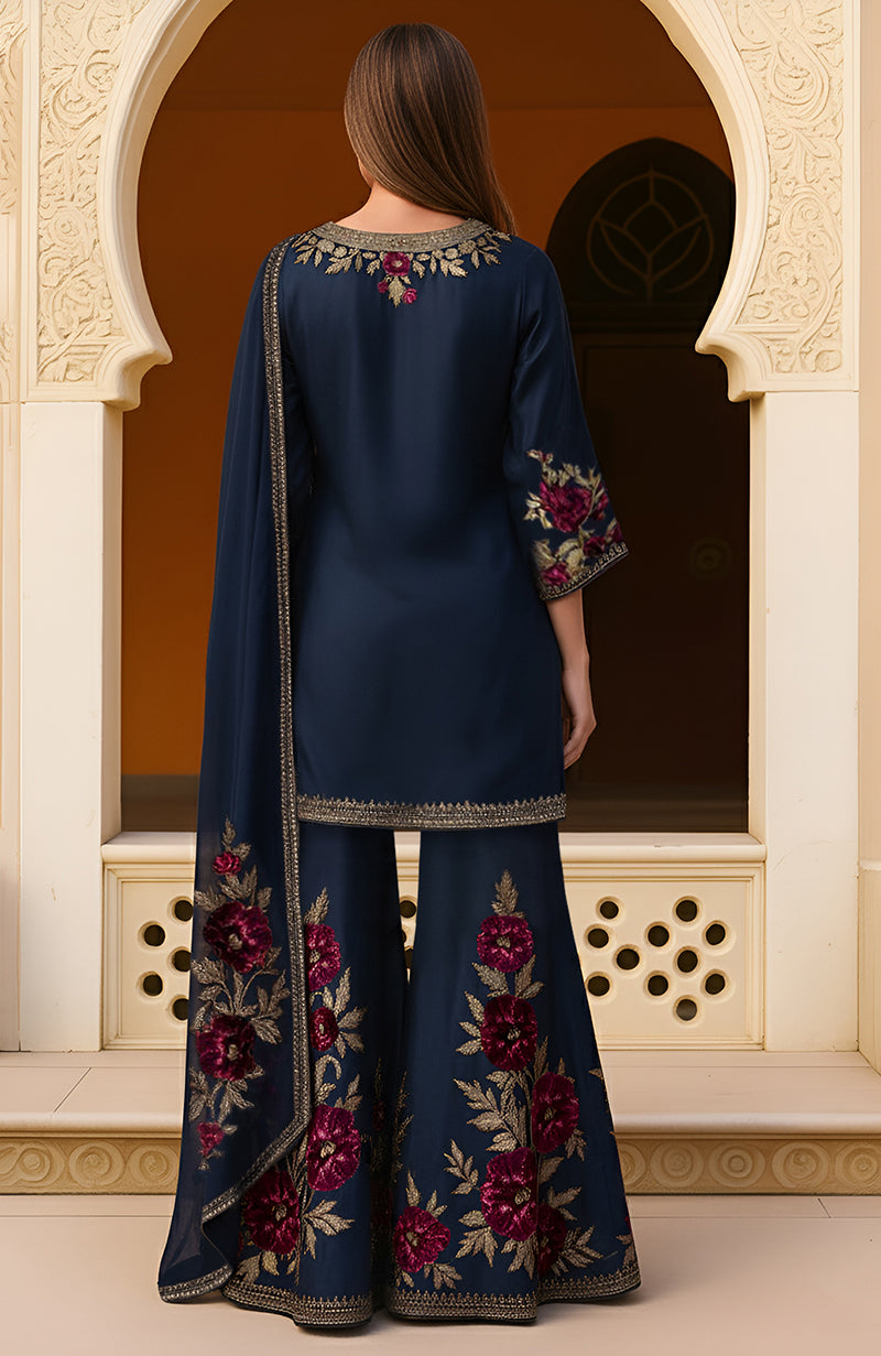 Navy blue sharara set with gold and burgundy floral embroidery and matching dupatta
