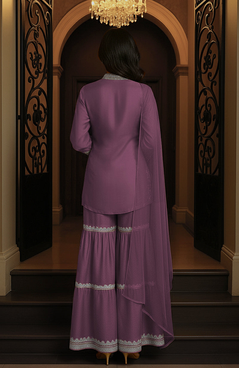 Burgundy purple embroidered gharara set with V-neck tunic, full sleeves, and tiered wide-legged pants