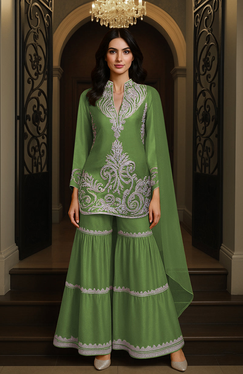 Mustard yellow embroidered gharara set with V-neck tunic, full sleeves, and tiered wide-legged pants
