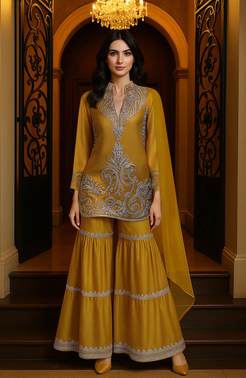Mustard yellow gharara set with embroidered tunic, wide-legged pants, and a matching draped piece.