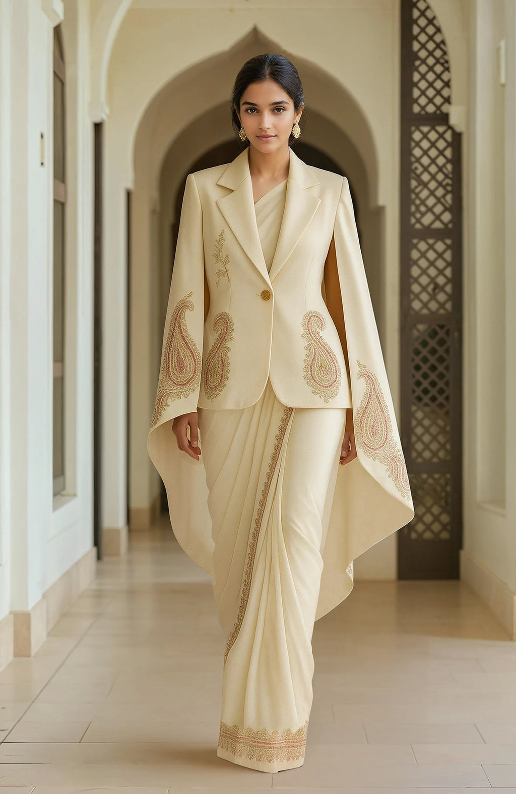 Ivory pre-draped chiffon saree with embroidered paisley cape and fluid silhouette