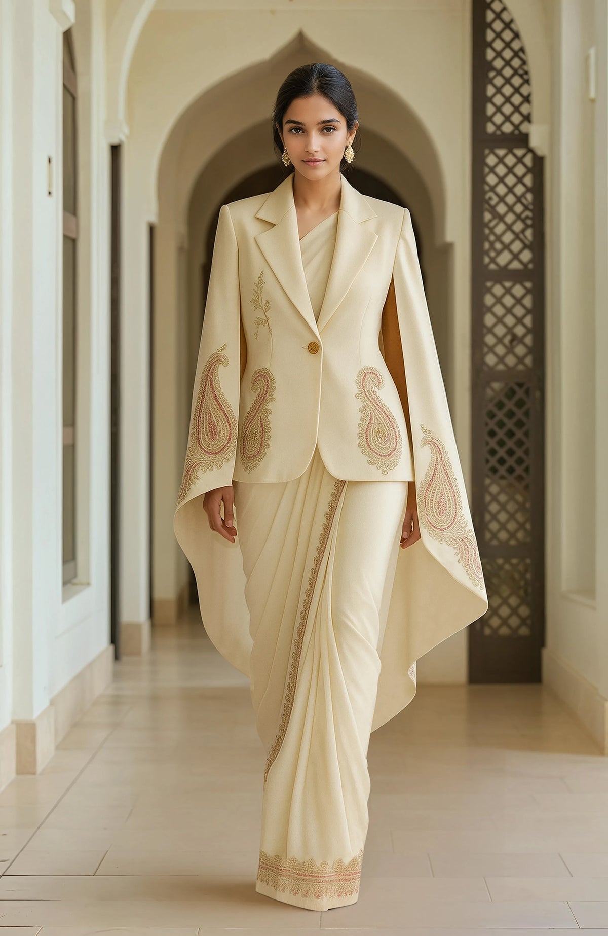 Ivory pre-draped chiffon saree with embroidered paisley cape and fluid silhouette