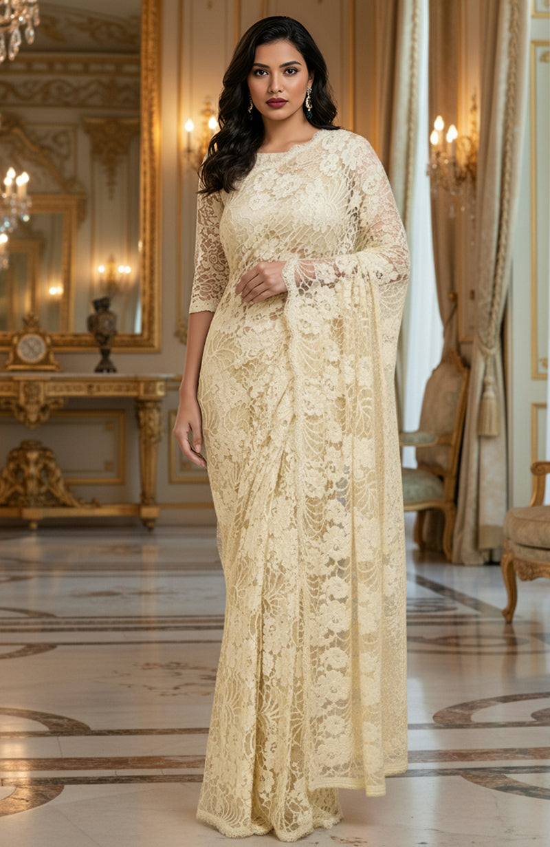 Porcelain Ivory French Chantilly Lace Saree Set