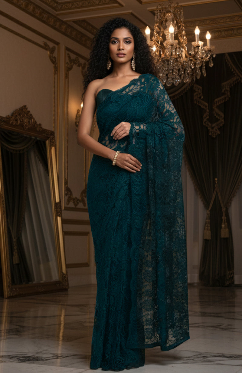 Noir Teal French Chantilly Lace Saree Set