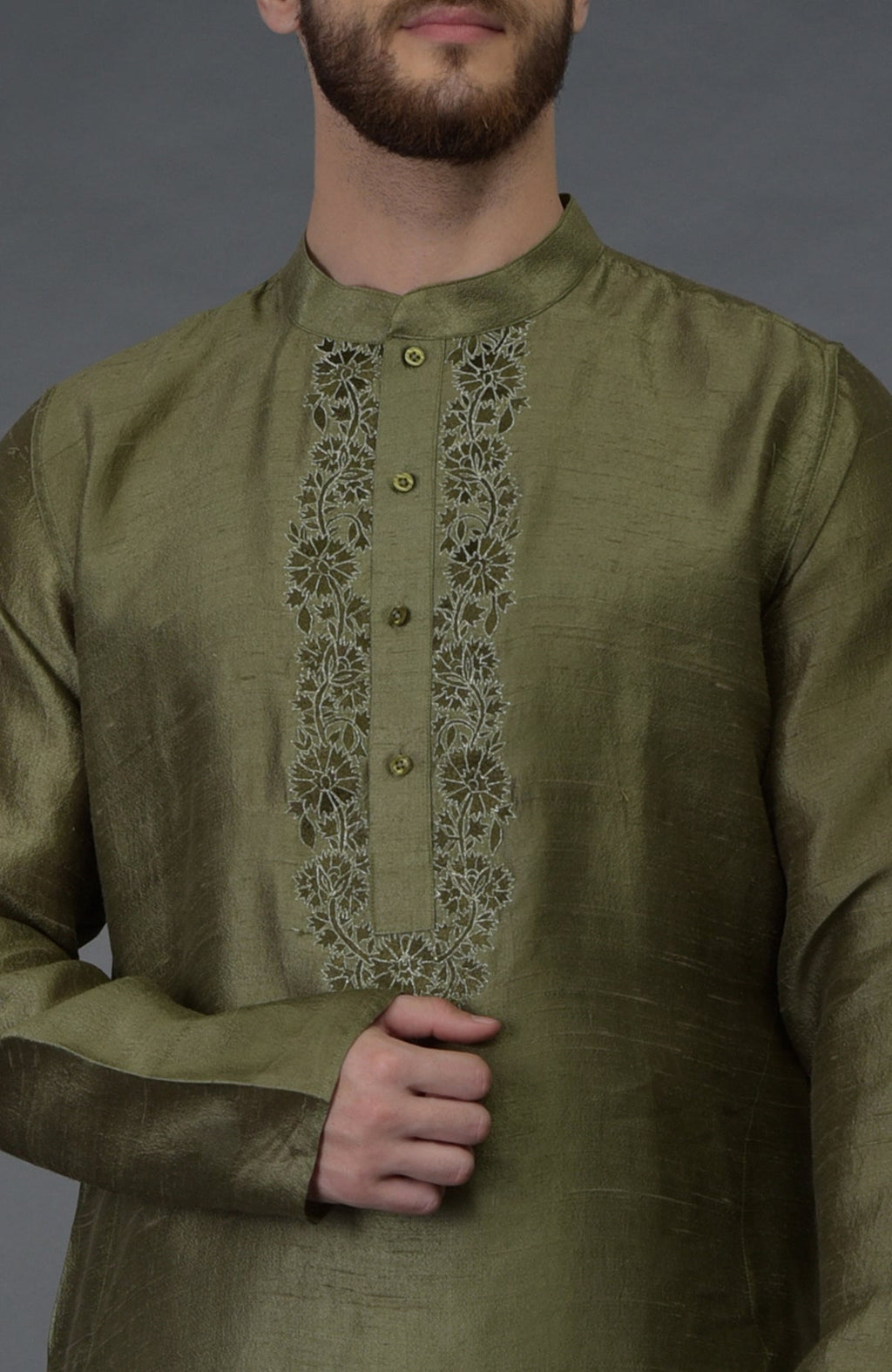 Olive green pure silk kurta with embroidered placket detail.