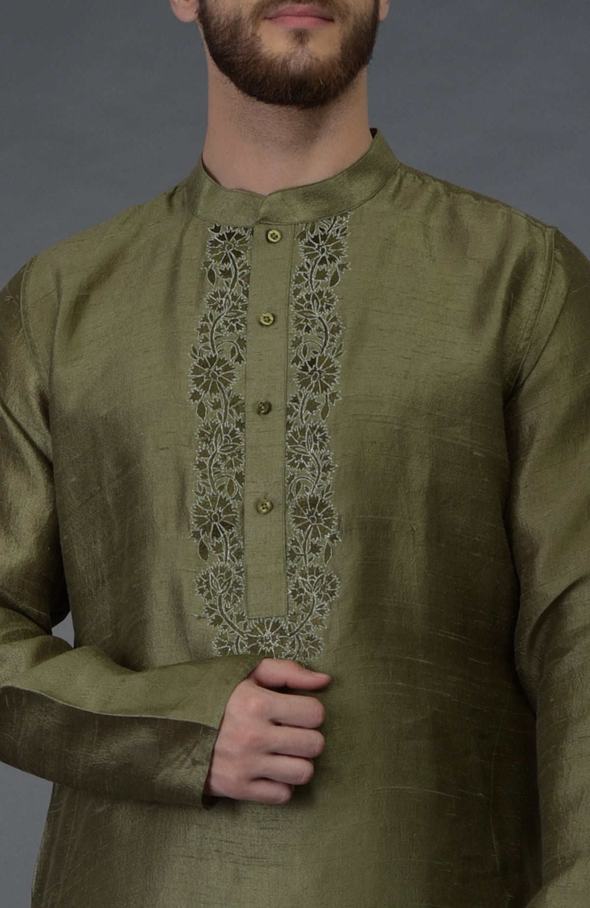 Olive green pure silk kurta with floral thread and zari embroidery on the placket.