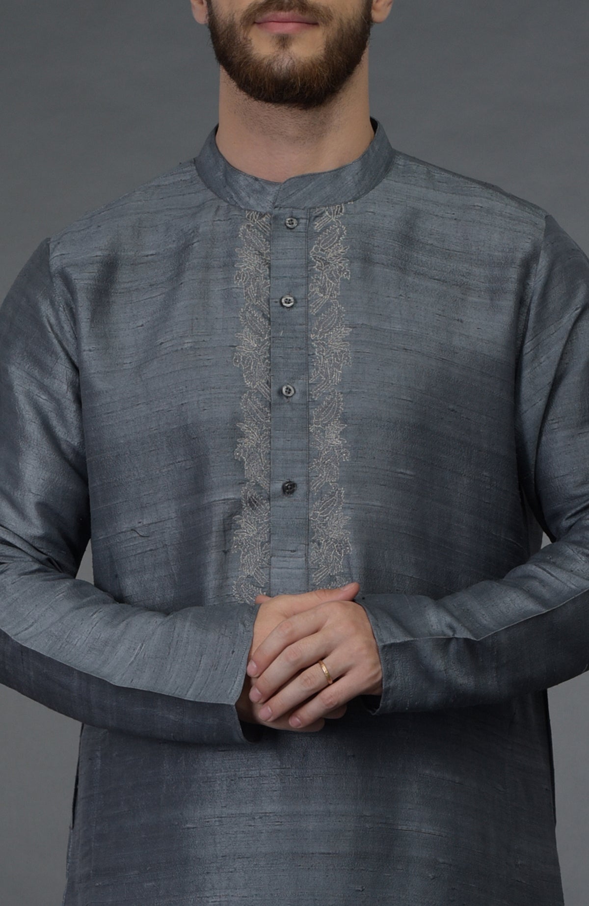 Grey pure silk kurta with embroidered placket detail.