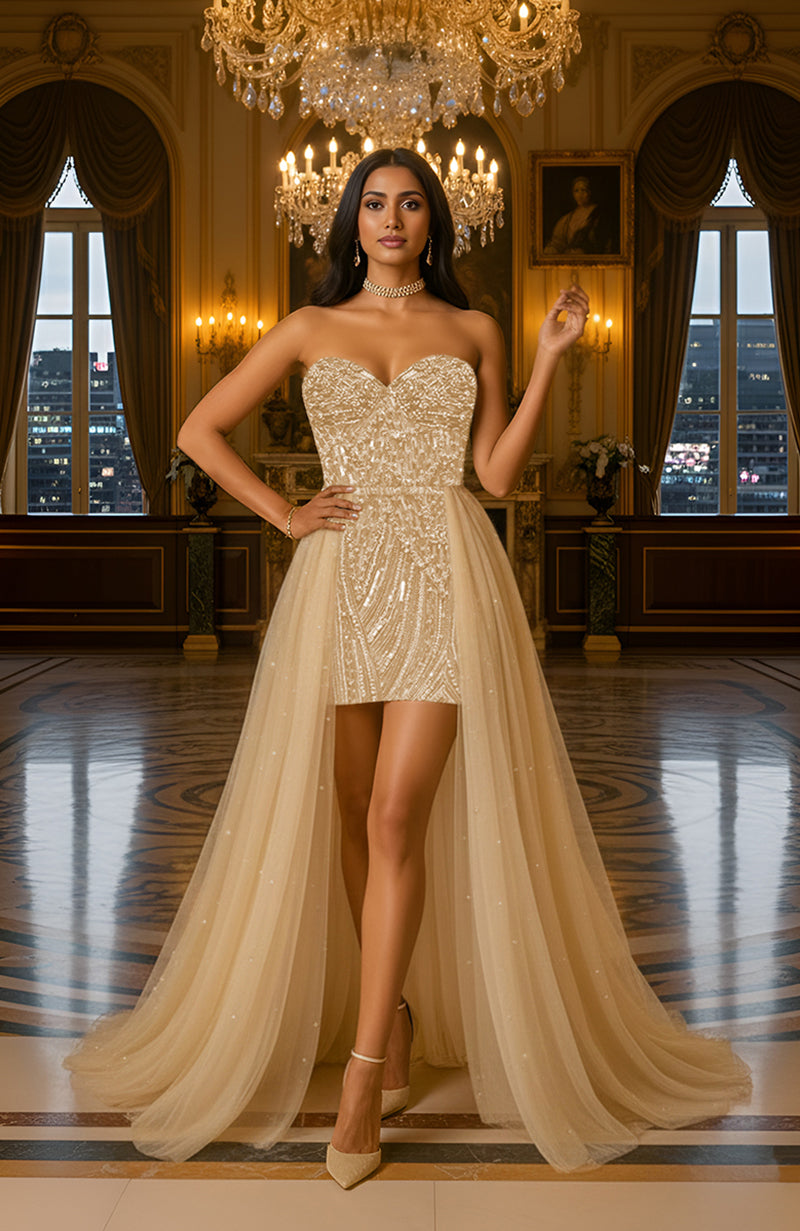 The Midnight Sapphire Crystal Couture After-Party Mini Dress With Dramatic Tulle Train