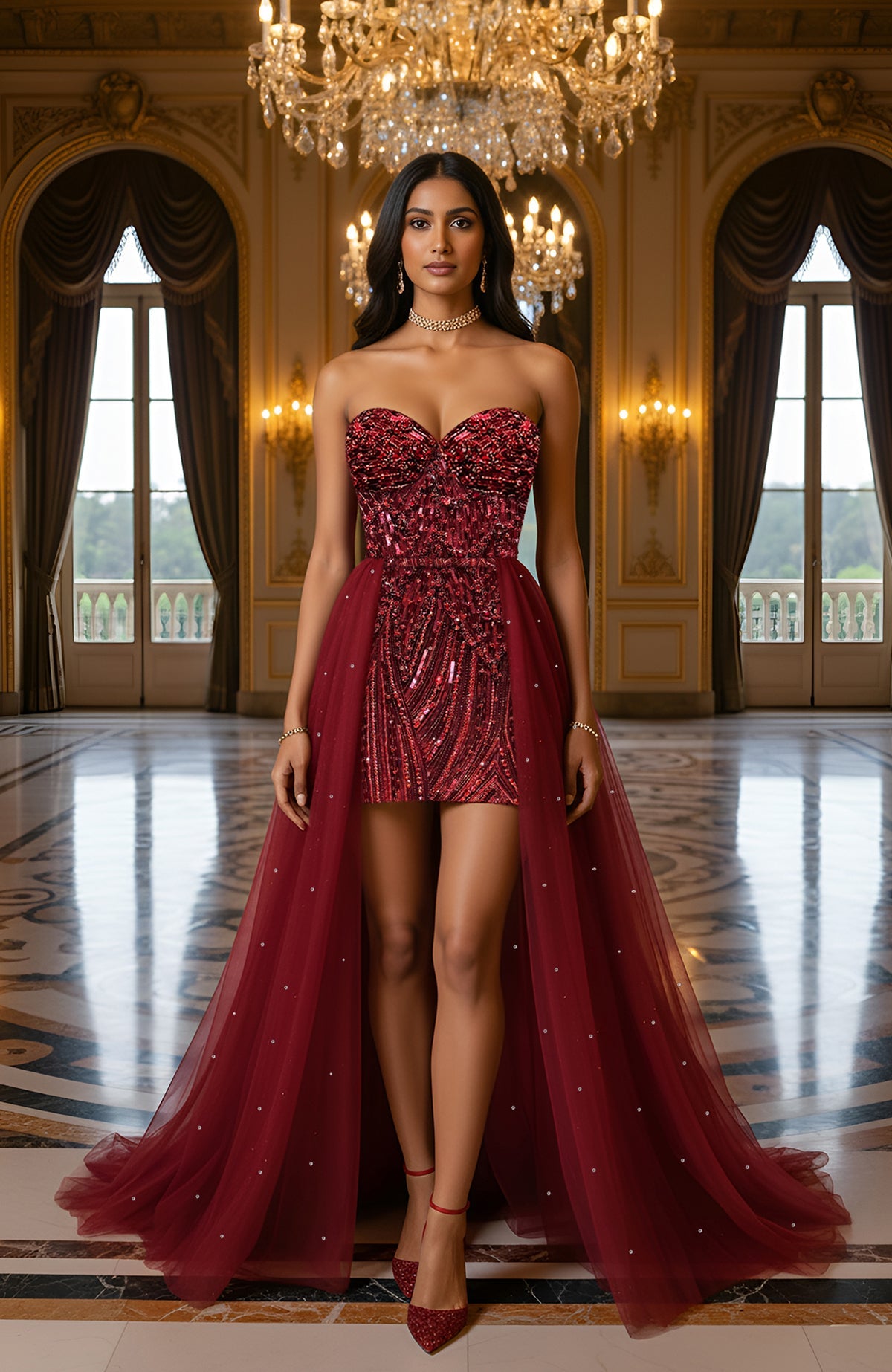 The Wine Crystal Couture After-Party Mini Dress With Dramatic Tulle Train