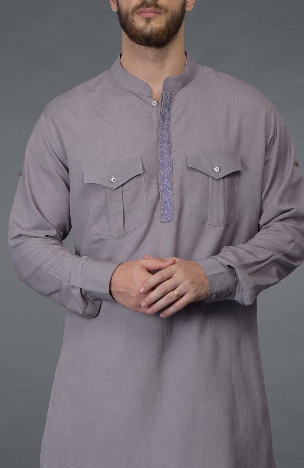 Lilac grey linen kurta with embroidered placket and two chest pockets.